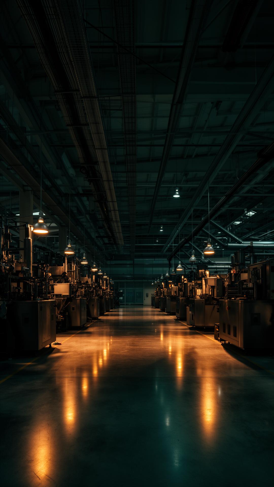 Industrial production facility at dusk